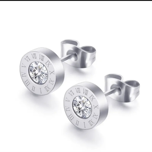 925 Silver Plated Stainless Steel Round Cut Zircon Roman Numerals Stud E… - Picture 2 of 7